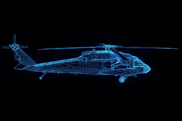 Drátový model vrtulníku Hologram v pohybu. Pěkný 3d vykreslování — Stock fotografie