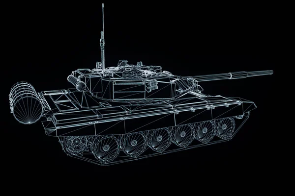 3D-Hologramm-Drahtgestell für Panzer in Bewegung. schönes 3D-Rendering — Stockfoto