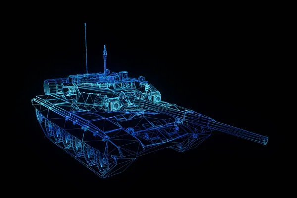 3D-Hologramm-Drahtgestell für Panzer in Bewegung. schönes 3D-Rendering — Stockfoto