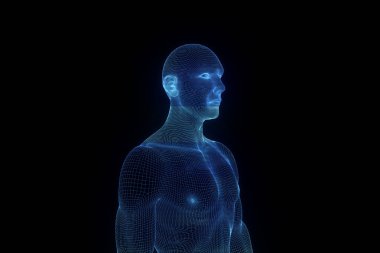 Hareket insan Tel Çerçeve hologramı. Güzel 3d render