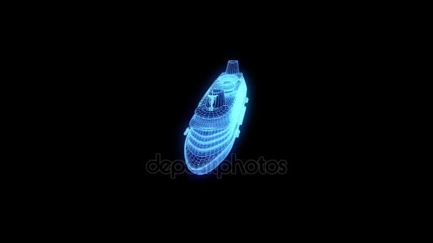 Schiff im Hologramm-Drahtgestell-Stil. schönes 3D-Rendering — Stockvideo