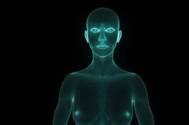 Hareket insan Tel Çerçeve hologramı. Güzel 3d render