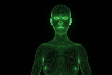 Hareket insan Tel Çerçeve hologramı. Güzel 3d render
