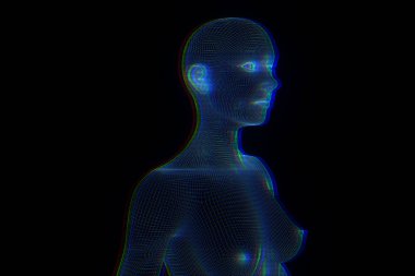 Hareket insan Tel Çerçeve hologramı. Güzel 3d render