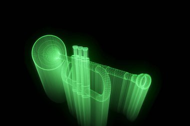 Tel Çerçeve hologramı tarzı 3D müzik trompet. Güzel 3d render