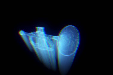 Tel Çerçeve hologramı tarzı 3D müzik trompet. Güzel 3d render