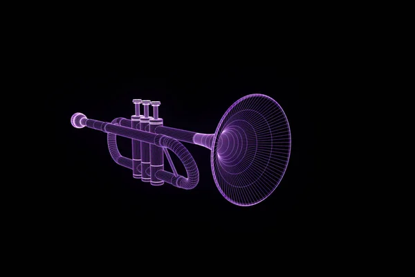 Tromba musicale 3D in stile ologramma wireframe. Rendering 3D piacevole — Foto Stock