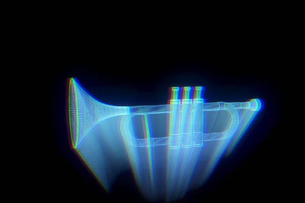 3D music trumpeta ve stylu drátového modelu Hologram. Pěkný 3d vykreslování — Stock fotografie