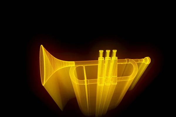 Tromba musicale 3D in stile ologramma wireframe. Rendering 3D piacevole — Foto Stock