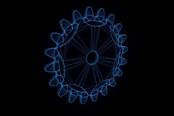 Cogwheel Gear in Hologram Wireframe Style (en inglés). Niza 3D Rendering — Foto de Stock