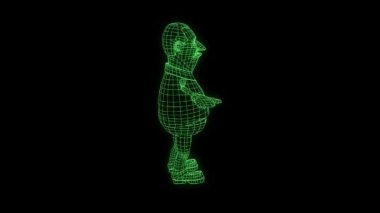 Şişman erkek insan Tel Çerçeve hologramı hareket. Güzel 3d render