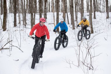 Kanada Ontario 'da şişman bisikletleriyle karda gezen bir grup arkadaş.