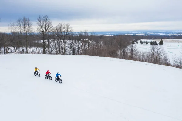 Luchtfoto Van Een Groep Vrienden Hun Vette Fiets Sneeuw Ontario — Stockfoto