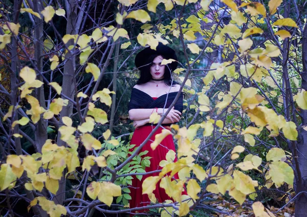 Hermosa bruja en el bosque. Halloween . — Foto de Stock