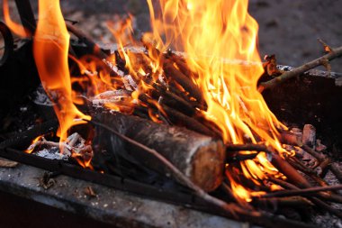 Ahşap bir mangal yakıyor. Yangın.