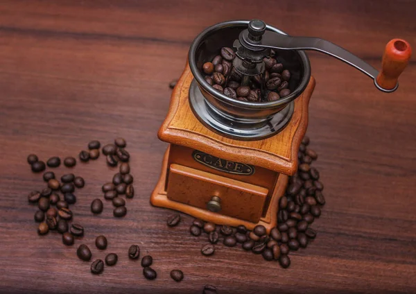 Kopi kacang di penggiling kopi di pohon — Stok Foto