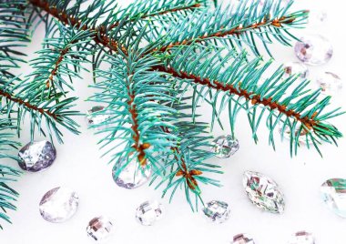 Mavi ladin şube ile dekorasyon için kristalleri.