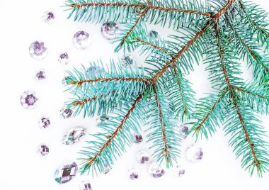 Mavi ladin şube ile dekorasyon için kristalleri.