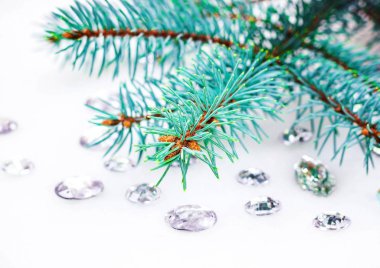 Mavi ladin şube ile dekorasyon için kristalleri.