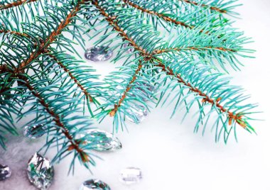 Mavi ladin şube ile dekorasyon için kristalleri.