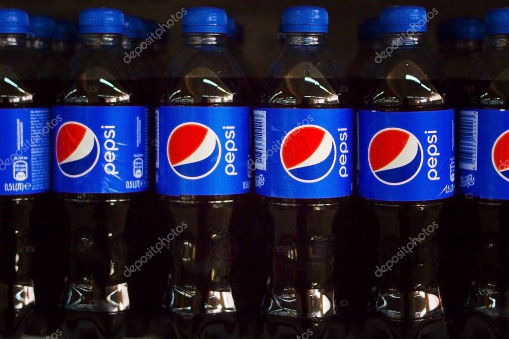 Kamenetz-Podolsk. UKRAINE. March 29. 2018: Bottles of Pepsi Cola on supermarket shelves. Pepsi's favorite drink of Americans