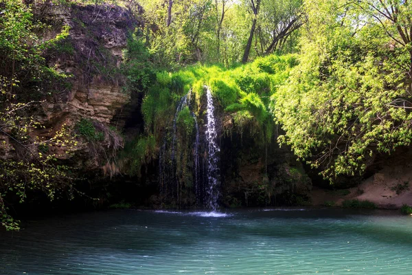 Cachoeira Nas Montanhas Com Plantas Muita Vegetação — Fotografia de Stock