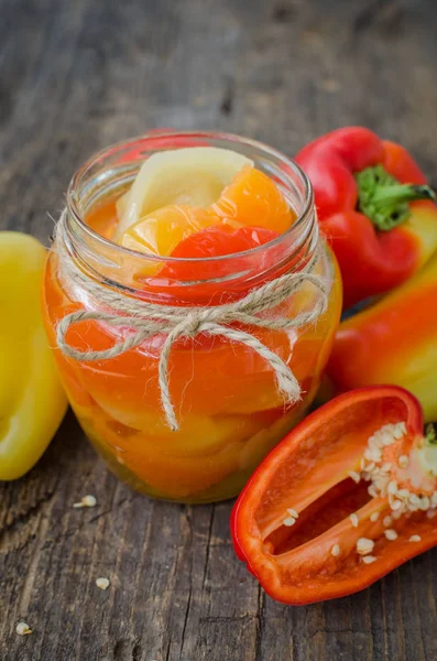 Bell pepper preserved in a glass jar — Stock Photo, Image