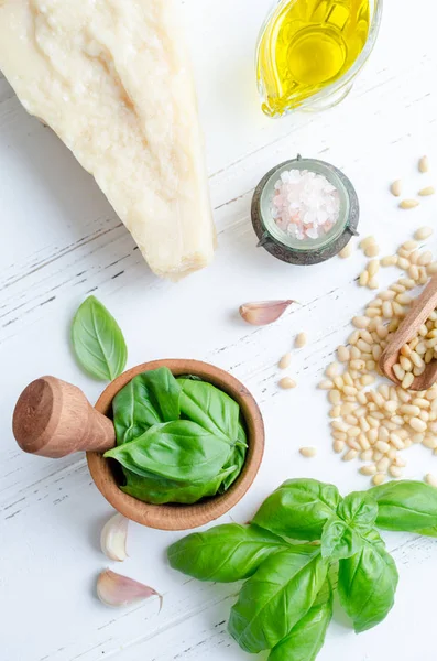 Green basil pesto ingredients — Stock Photo, Image