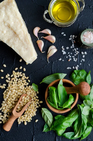 Green basil pesto ingredients — Stock Photo, Image