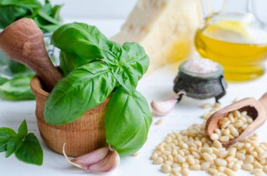 Yeşil fesleğen pesto malzemeler