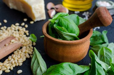 Yeşil fesleğen pesto malzemeler