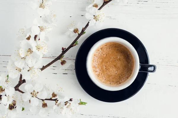 Espresso Cherry Blossom Background Cup Coffee Tree Branch Flowers Shabby — Stock Photo, Image
