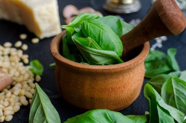 Yeşil fesleğen pesto malzemeler