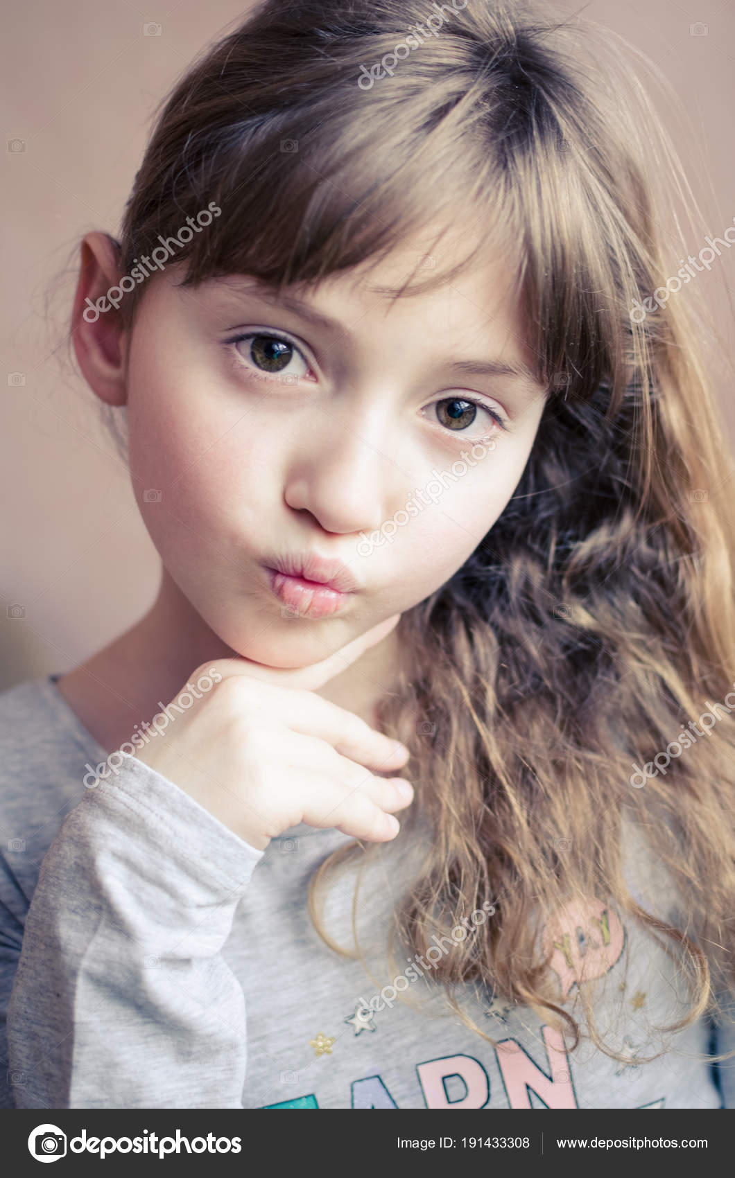 Portrait Little Pretty Girl Make Air Kiss Beautiful Girl Long