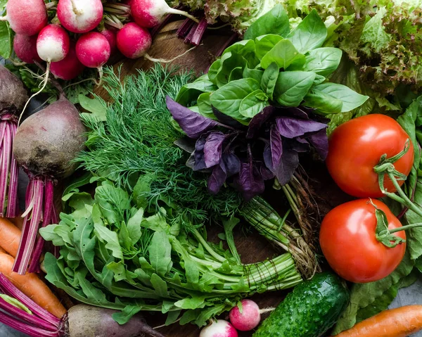 Tekstura tła z wyborem surowych, organicznych warzyw — Zdjęcie stockowe