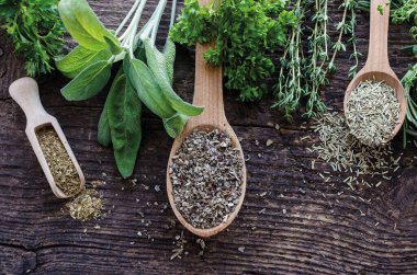 Assorted herbs on an old and vintage wooden background