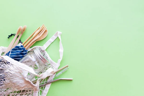 Noll Avfallskoncept Bomull Väska Bambu Bestick Och Tandborste Glas Murverk — Stockfoto