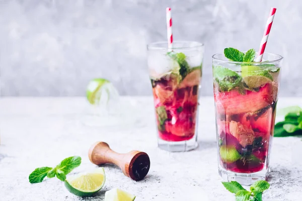 Summer Refreshing Drink Rhubarb Lime Mint Rhubarb Lemonade Glass Fresh — Stock Photo, Image