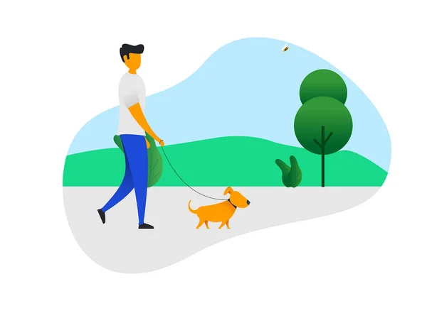 Diseño Vectorial Moderno Del Hombre Caminando Con Perro Jardín — Vector de stock