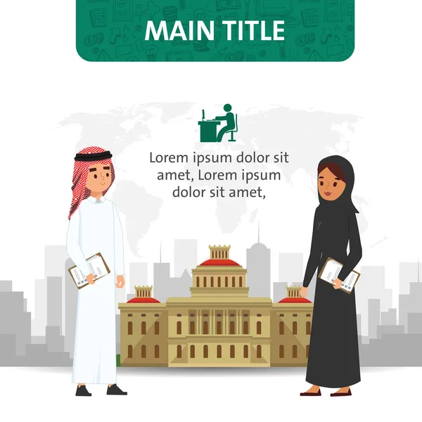 Koncepce Vzdělávání Koláž Infografiku Arabské Znaky Vektorové Mužské Ženské Arabština — Stockový vektor