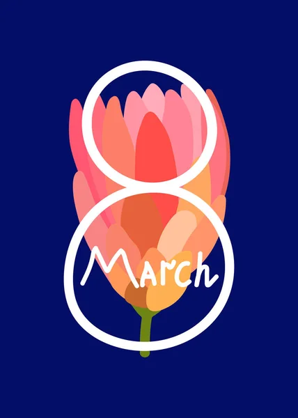 Vektör 8 Mart tebrik kartı. Bayram konseri Kadınlar Günü. Elle çizilmiş pembe çiçekler ve modaya uygun klasik mavi arka planda 8 Mart yazıları. Bahar tatilindeki kadın ve kızları tebrik ederim.