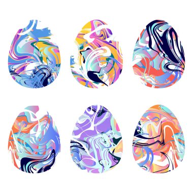 Mermer desenli yumurtalar. Sıvı doku Mutlu Paskalya sembolü. Beyaz arka planda izole edilmiş pembe, kırmızı, mavi eğimli yumurta. Vektör stok illüstrasyonu, su yüzeyi, ışıltılar, dalgalar, lekeler, lekeler