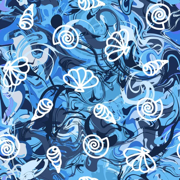 Naadloze Marmeren Textuur Patroon Met Schelpen Blauwe Strepen Van Verf — Stockvector