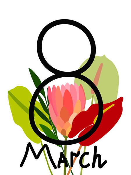 Vector March 8 greeting card. Festive concept Women's Day. Hand drawn flat flowers, leaves and lettering March 8 isolated on white background. Congratulations to women, girls on the spring holiday