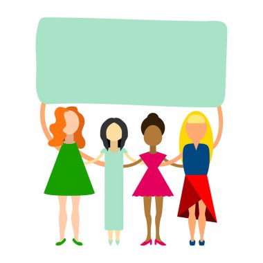 Poster konsepti olan kadınlar. Farklı elbiselere, saçlara, cilde ve uluslara sahip kızlar birbirlerine destek oluyor. Afişi olan insanlar beyaz arka planda izole edilmiş. Feminist Protesto Vektörü İllüstrasyonu. Boşluğu kopyala