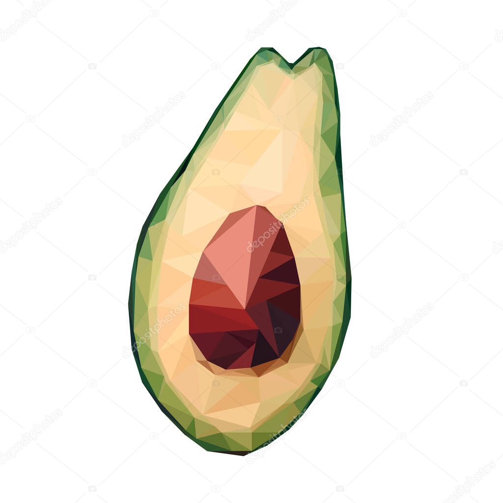 Low poly avocado. Vector polygonal sign avocado isolated on white background. Green healthy fruit, proper nutrition, snack, vegetables, eat. Stock food illustration for packaging, advertising, design