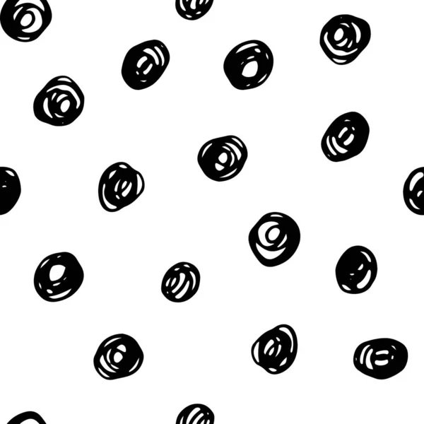 无缝制波尔卡圆点图案 黑色的轮廓混乱的手绘圆圈隔离在白色背景 中性圆点装饰 用于壁纸 包装纸 纺织品的线路图 — 图库矢量图片