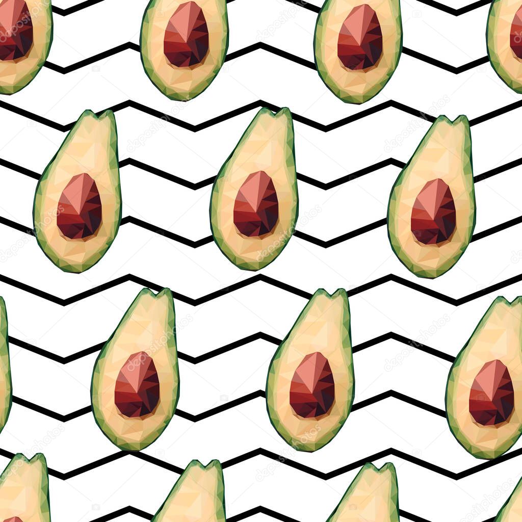 Seamless low poly avocado pattern. Vector polygonal avocado sign on striped zig zag background. Green healthy fruit, proper nutrition, snacks, vegetables, eat. Food illustration for packaging, textile