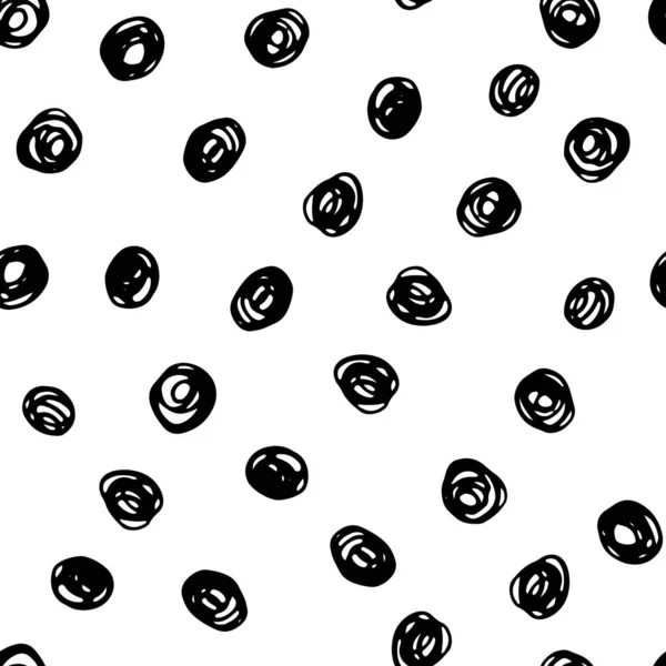 无缝制波尔卡圆点图案 黑色的轮廓混乱的手绘圆圈隔离在白色背景 中性圆点装饰 用于壁纸 包装纸 纺织品的线路图 — 图库矢量图片