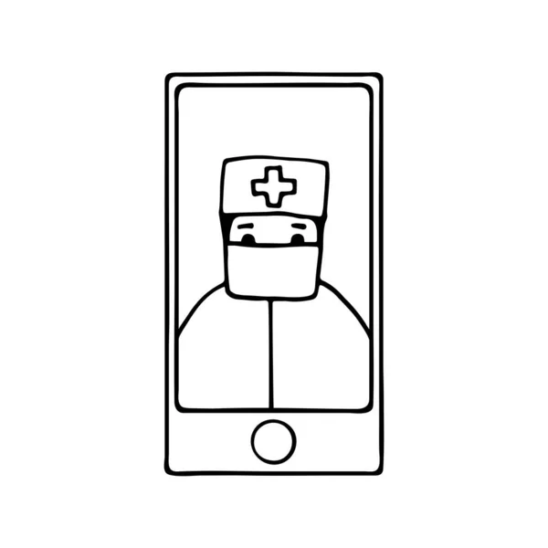 Doodle Concepto Médico Línea Teléfono Dibujado Mano Con Personal Médico — Archivo Imágenes Vectoriales